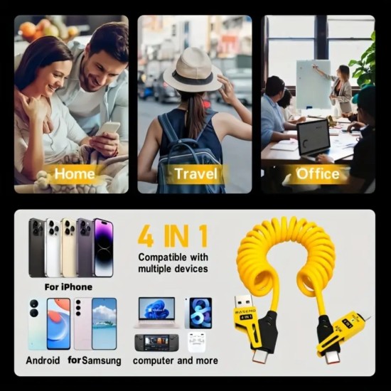 65W Çoklu 4 in 1 USB Type C ve Lightning Kısa Şarj ve Data Kablosu 1 5 Metre