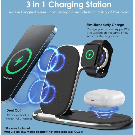 Kablosuz 15W Hızlı Şarj Standı 3 in 1 Seyahat Şarj Cihazı