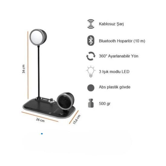3’ü 1 Arada 15 W Kablosuz Şarj Hoparlör ve Masa Lambası