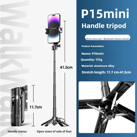 P15 Mini Selfie Çubuğu 41.5 cm Mini Grip Quadripod Aluminum Uzaktan Kumandalı
