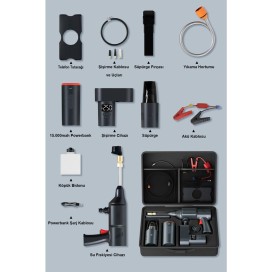 İTing 4-in-1 Araç Seti: Yıkama  Süpürge Lastik Kompresör  Akü Takviye