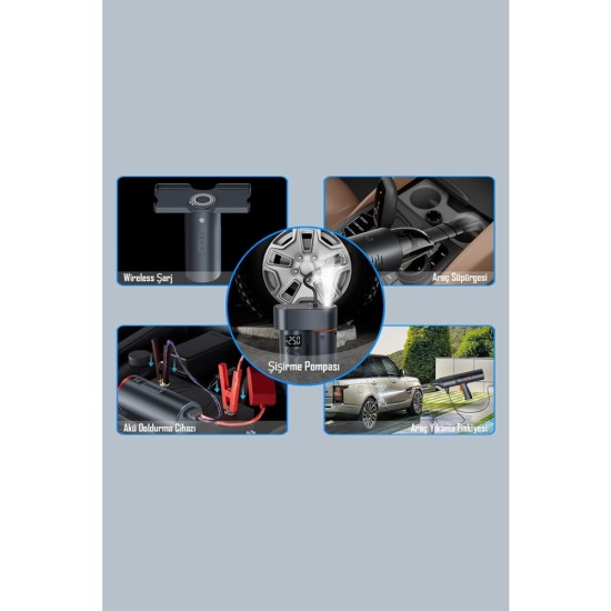 İTing 4-in-1 Araç Seti: Yıkama  Süpürge Lastik Kompresör  Akü Takviye