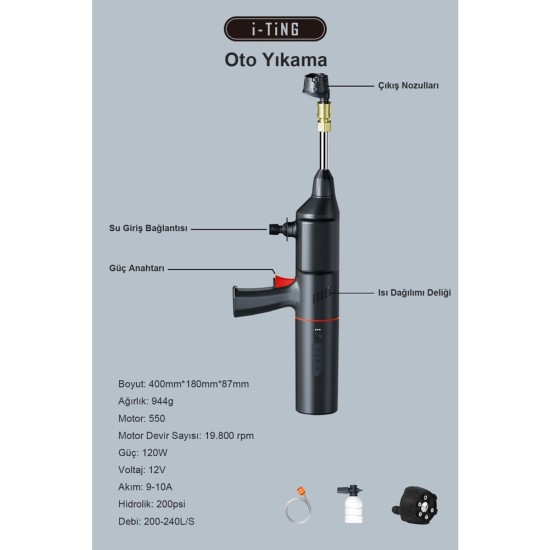 İTing 4-in-1 Araç Seti: Yıkama  Süpürge Lastik Kompresör  Akü Takviye