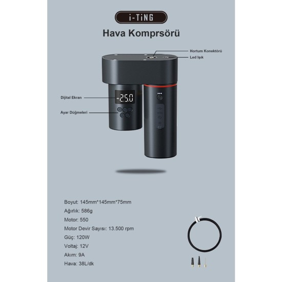 İTing 4-in-1 Araç Seti: Yıkama  Süpürge Lastik Kompresör  Akü Takviye