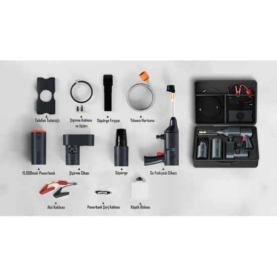 İTing 4-in-1 Araç Seti: Yıkama  Süpürge Lastik Kompresör  Akü Takviye