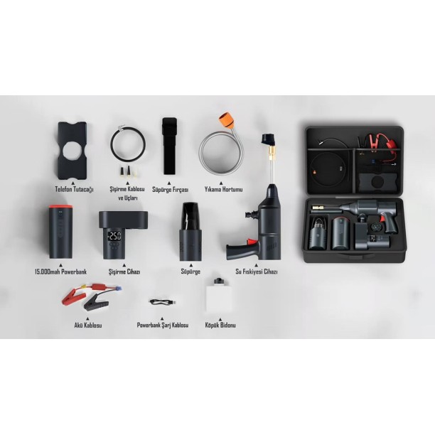 İTing 4-in-1 Araç Seti: Yıkama  Süpürge Lastik Kompresör  Akü Takviye