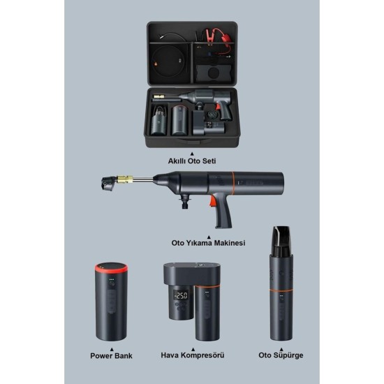 İTing 4-in-1 Araç Seti: Yıkama  Süpürge Lastik Kompresör  Akü Takviye