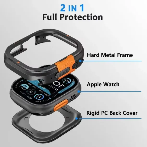 Apple Watch Ultra 49 mm Metal Kasa Kırılmaz Cam Tam Koruma Seti