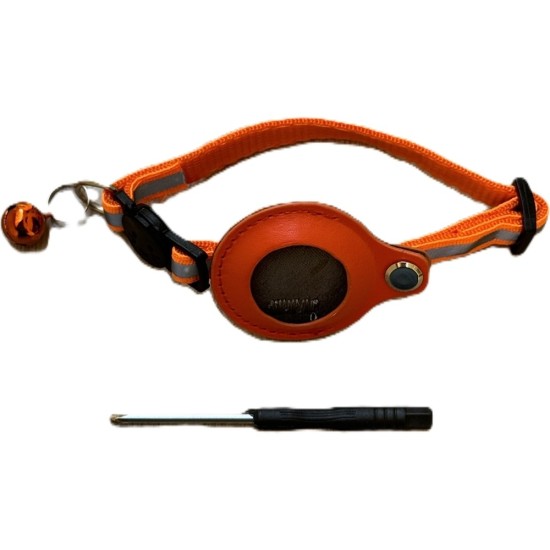 Airtag Tutuculu Kedi Tasması Zilli ve Reflektörlü Turuncu