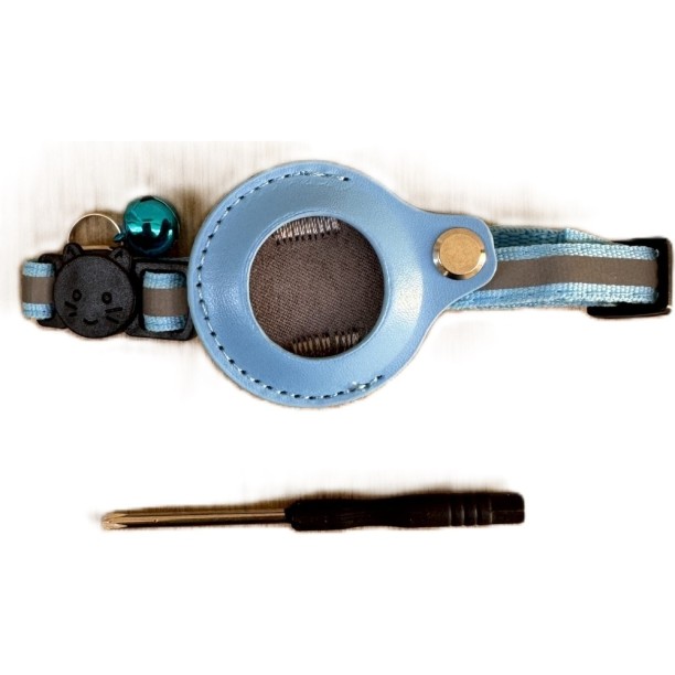 Airtag Tutuculu Kedi Tasması Zilli ve Reflektörlü Mavi