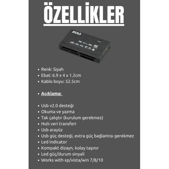 Tüm Bellek Kartı Okuyucu USB Harici SD MMC XD CF Desteği USB 2.0 Tam Hız
