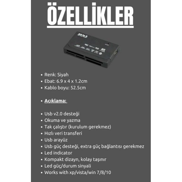 Tüm Bellek Kartı Okuyucu USB Harici SD MMC XD CF Desteği USB 2.0 Tam Hız