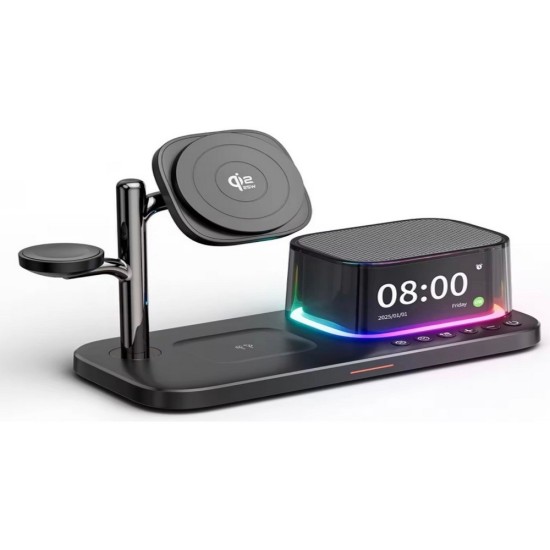 Samsung ve Apple Uyumlu 6’sı 1 Arada Manyetik Kablosuz Şarj İstasyonu 25W Hızlı Şarj Bluetooth Hoparlör Alarm Saat Gece Lambası