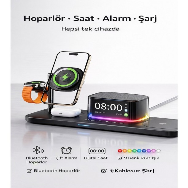 Samsung ve Apple Uyumlu 6’sı 1 Arada Manyetik Kablosuz Şarj İstasyonu 25W Hızlı Şarj Bluetooth Hoparlör Alarm Saat Gece Lambası