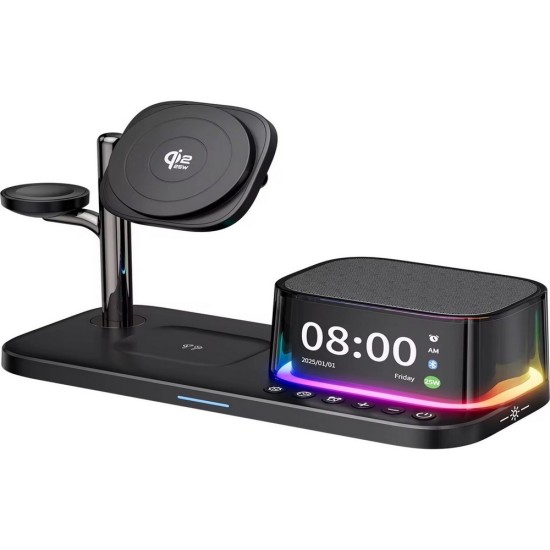 Samsung ve Apple Uyumlu 6’sı 1 Arada Manyetik Kablosuz Şarj İstasyonu 25W Hızlı Şarj Bluetooth Hoparlör Alarm Saat Gece Lambası