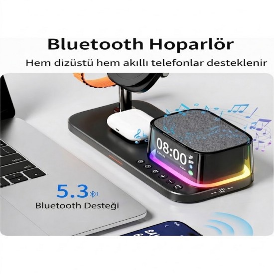 Samsung ve Apple Uyumlu 6’sı 1 Arada Manyetik Kablosuz Şarj İstasyonu 25W Hızlı Şarj Bluetooth Hoparlör Alarm Saat Gece Lambası