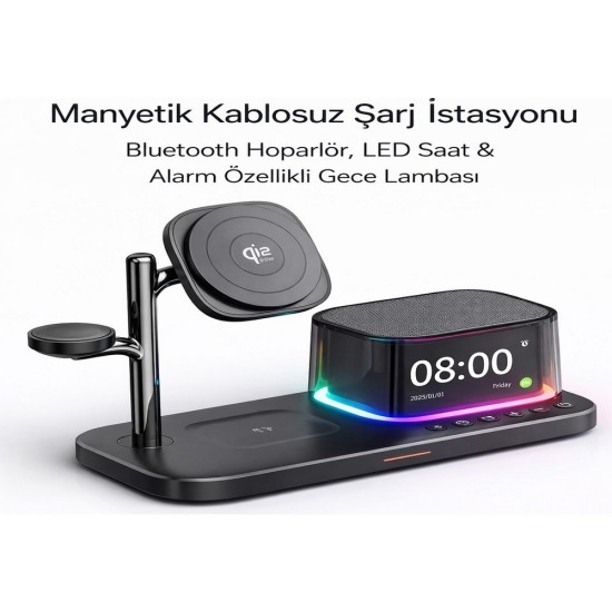 Samsung ve Apple Uyumlu 6’sı 1 Arada Manyetik Kablosuz Şarj İstasyonu 25W Hızlı Şarj Bluetooth Hoparlör Alarm Saat Gece Lambası
