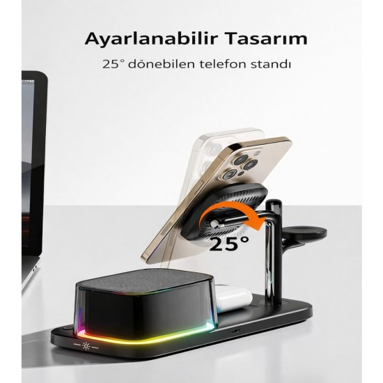 Samsung ve Apple Uyumlu 6’sı 1 Arada Manyetik Kablosuz Şarj İstasyonu 25W Hızlı Şarj Bluetooth Hoparlör Alarm Saat Gece Lambası