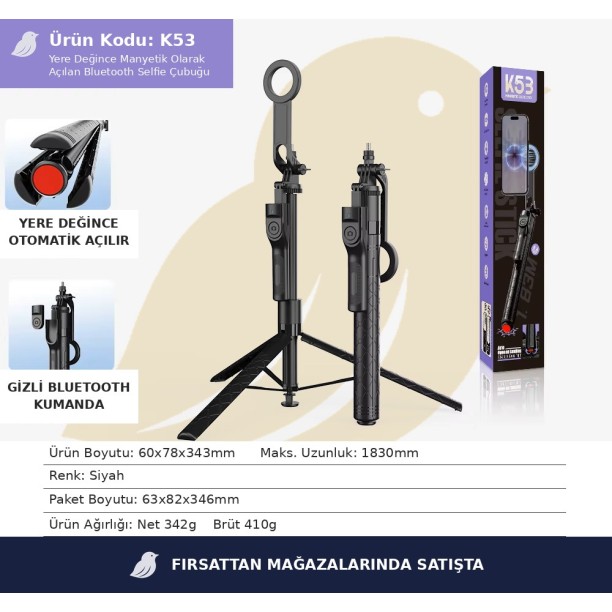 K53 Manyetik Selfie Çubuğu ve Tripod Bluetooth Kumandalı Yere Değince Otomatik Açılan