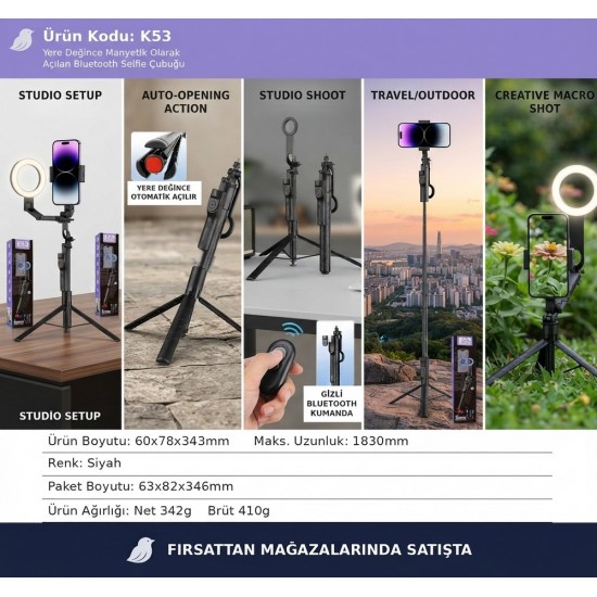 K53 Manyetik Selfie Çubuğu ve Tripod Bluetooth Kumandalı Yere Değince Otomatik Açılan