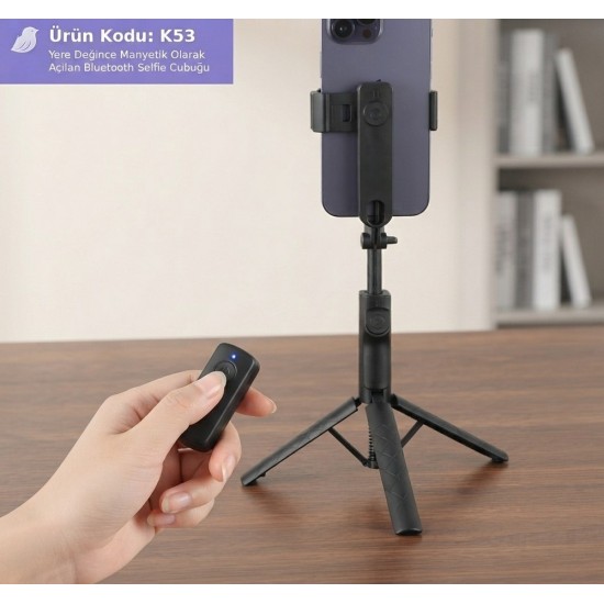 K53 Manyetik Selfie Çubuğu ve Tripod Bluetooth Kumandalı Yere Değince Otomatik Açılan