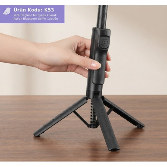 K53 Manyetik Selfie Çubuğu ve Tripod Bluetooth Kumandalı Yere Değince Otomatik Açılan