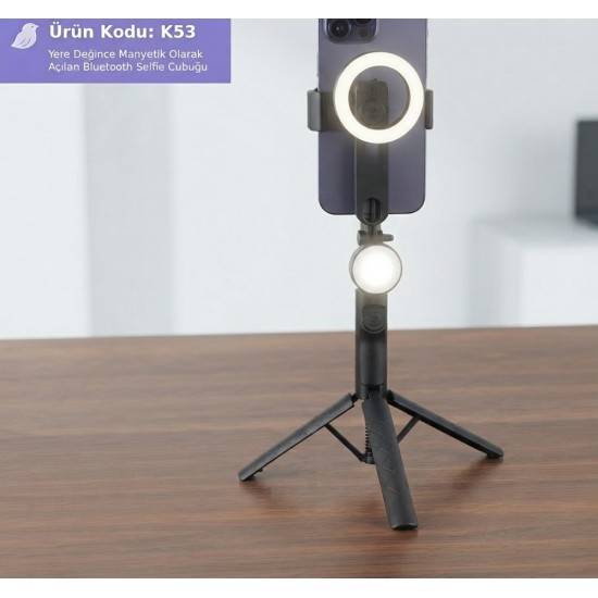 K53 Manyetik Selfie Çubuğu ve Tripod Bluetooth Kumandalı Yere Değince Otomatik Açılan