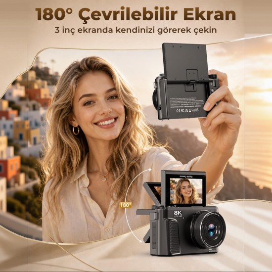 8K Dijital Fotoğraf Makinesi 88MP Vlog Kamerası 18X Zoom 3 inç 180 derece Flip Ekran WiFi Flaşlı