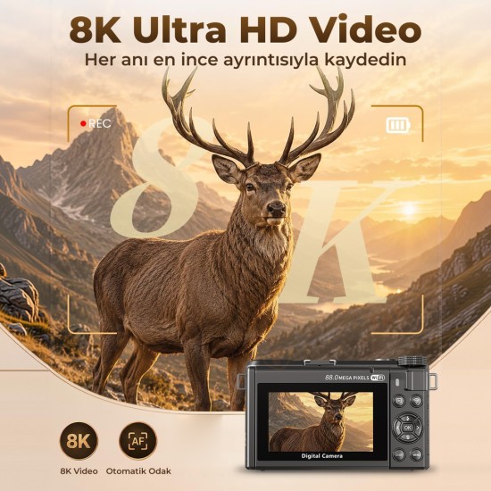 8K Dijital Fotoğraf Makinesi 88MP Vlog Kamerası 18X Zoom 3 inç 180 derece Flip Ekran WiFi Flaşlı