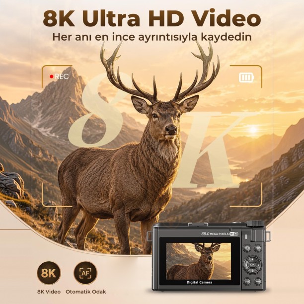 8K Dijital Fotoğraf Makinesi 88MP Vlog Kamerası 18X Zoom 3 inç 180 derece Flip Ekran WiFi Flaşlı