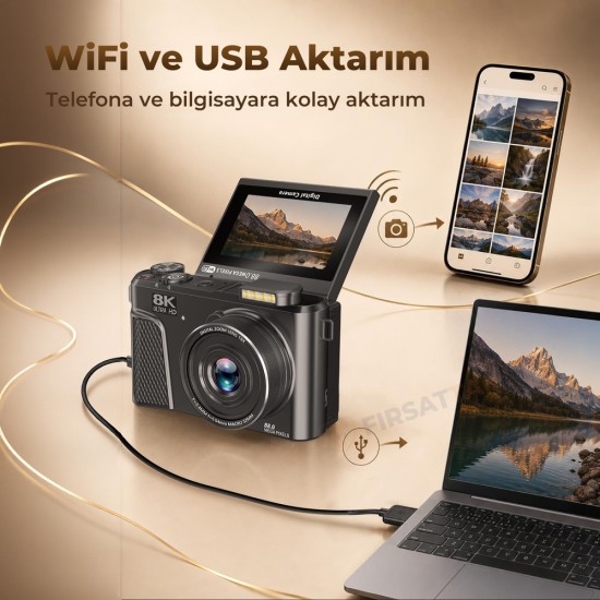 8K Dijital Fotoğraf Makinesi 88MP Vlog Kamerası 18X Zoom 3 inç 180 derece Flip Ekran WiFi Flaşlı
