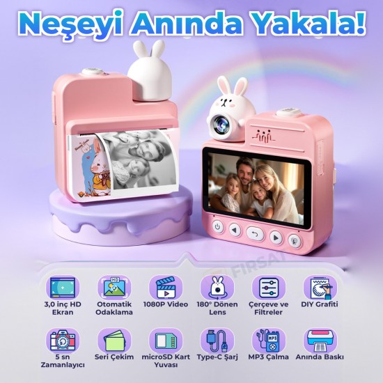 JD30 Anında Baskılı Çocuk Kamerası 3,0 İnç Ekran 1080P Video 180 derece Dönen Lens