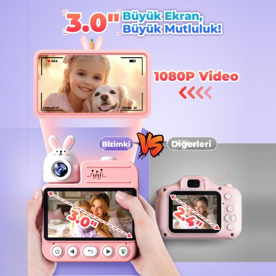 JD30 Anında Baskılı Çocuk Kamerası 3,0 İnç Ekran 1080P Video 180 derece Dönen Lens